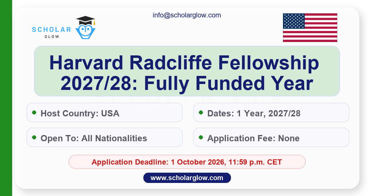 Harvard Radcliffe Fellowship 2027/28: Fully Funded Year at Harvard